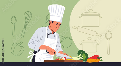 Illustrative of a chef meticulously chopping fresh vegetables in preparation of a meal