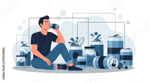Man Sipping From Can Surrounded By Refreshing Canned Beverages In Modern Illustration