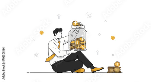 Man Sitting Down, Saving Money, Filling Jar With Coins, Financial Concept Illustration