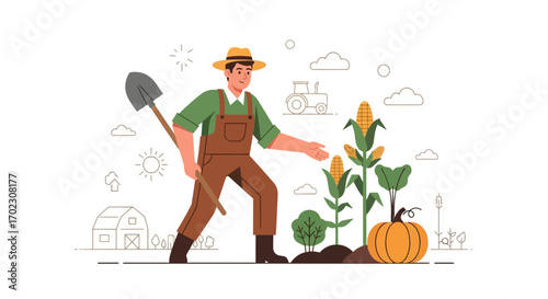 Illustrative portrayal of a farmer tending to his crops with a shovel and looking after them