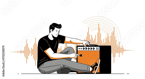 Man sitting on floor adjusting sound amplifier with audio waves on the background