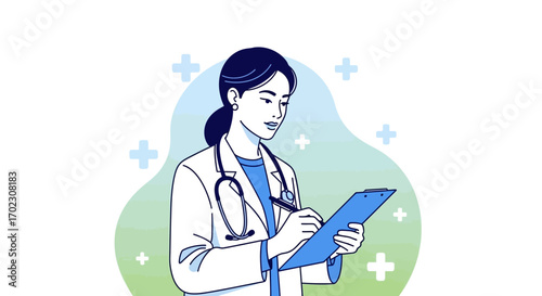 Illustrative portrayal of a female doctor writing on a clipboard and medical design