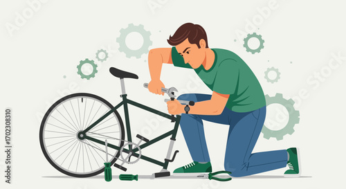 Illustrative Repairman Adjusting Bicycle Parts With Tools and Mechanical Cogs for Visualization