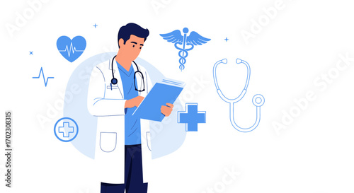 Illustrative representation of a doctor examining medical reports and symbols on background