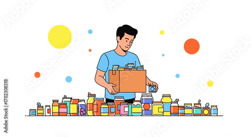 Man Sorting Jars of Food, Illustrating Food Storage, Minimalism Design and Concept