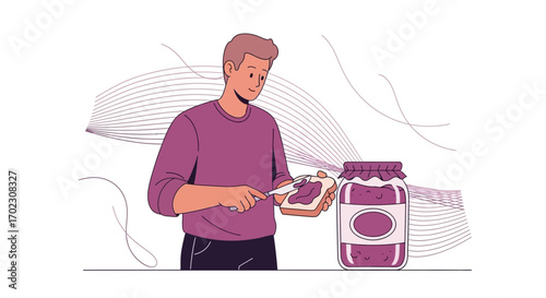 Man Spreading Jam On Toast Sandwich, Breakfast Or Snack Preparation, Simple Illustration Style