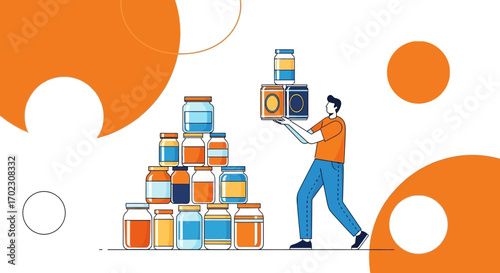 Man Stacking Jars: A Colorful Illustration Depicting Storage and Organizing Concepts