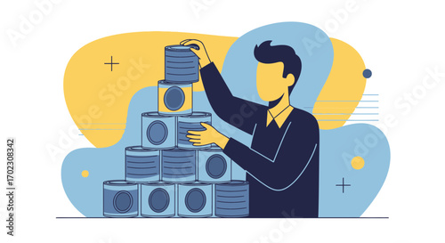 Man Stacking Canned Goods, Charity Symbol, Donation, Food Storage, Vector Illustration