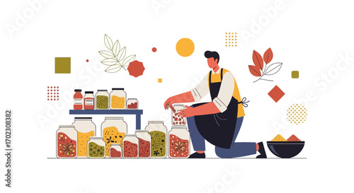 Illustrative Scene Of Food Preservation, Home Canning And Preparing Jars For Storing