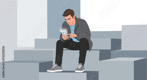 Man using a smartphone outdoors surrounded by geometric shapes illustration