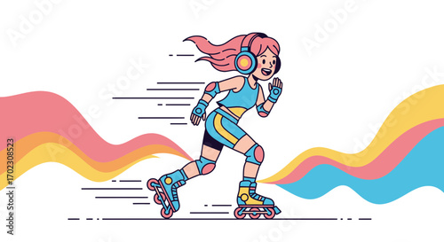 Inline Skater Enjoys Music While Gliding Down, Listening With Headphones, Vibrant Artwork