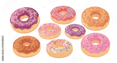 Delicious donuts with various toppings on a white background.