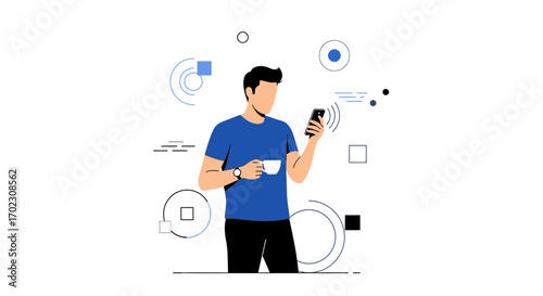 Man using smartphone with coffee, technology vector illustration concept design