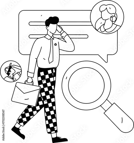 Searching for talent, a modern recruiter in a black and white illustration, exploring candidates and networking with professionals to build a strong team, hiring and recruitment solutions