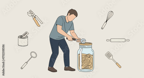 Man Using Wrench to Open a Jar of Pickles Surrounded by Kitchen Utensils