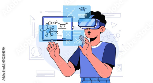 Man using virtual reality glasses interacting with data visualization for education purpose