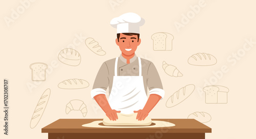 Joyful Baker Kneading Dough, Surrounded by Bread Outlines, Ready to Bake Fresh Goodness