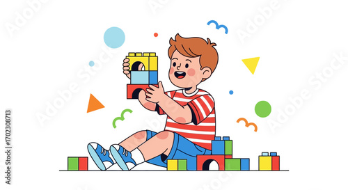 Joyful Boy Building Colorful Blocks While Engaged in Creative Playtime Activities