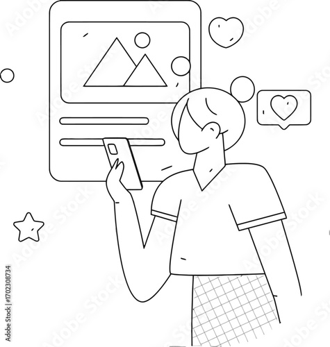 Stylish person viewing content online and sharing the love with likes and hearts, reflecting modern digital lifestyle and social media engagement, ideal for online presence and interaction