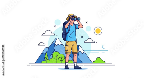Man with binoculars on a hike in the mountains during the day illustration