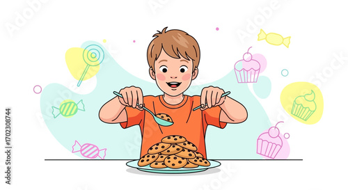 Joyful Boy Digging Into Delicious Cookies and Sweets Dessert, Fun and Delightful, Cartoon