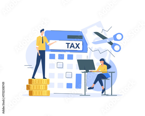 Tax Deduction,Concept Showing Businessman Cutting Tax Using A Scissors,Suitable for landing page, ui, web, app intro card
