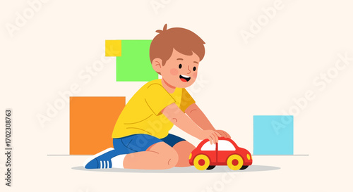 Joyful Boy Playing With a Red Toy Car in Playful Environment, Simple Illustration