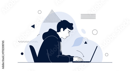 Man working diligently on his laptop, depicted in minimalist flat design