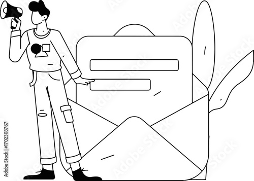 Modern marketing illustration of a person with a megaphone promoting email newsletter, a creative concept showcasing communication and audience engagement for business and digital strategy success