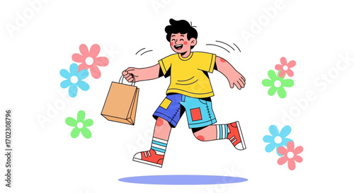 Joyful cartoon illustration of a running boy carrying a shopping bag during spring season