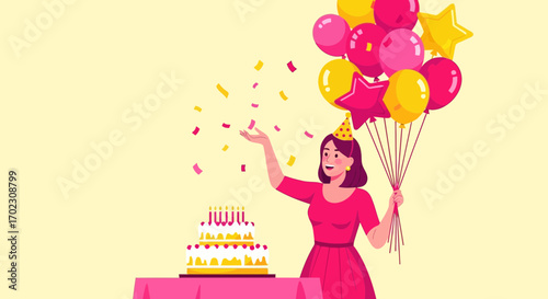 Joyful Celebration Depicting a Birthday Party with Balloons and Cake in Cheerful Setting