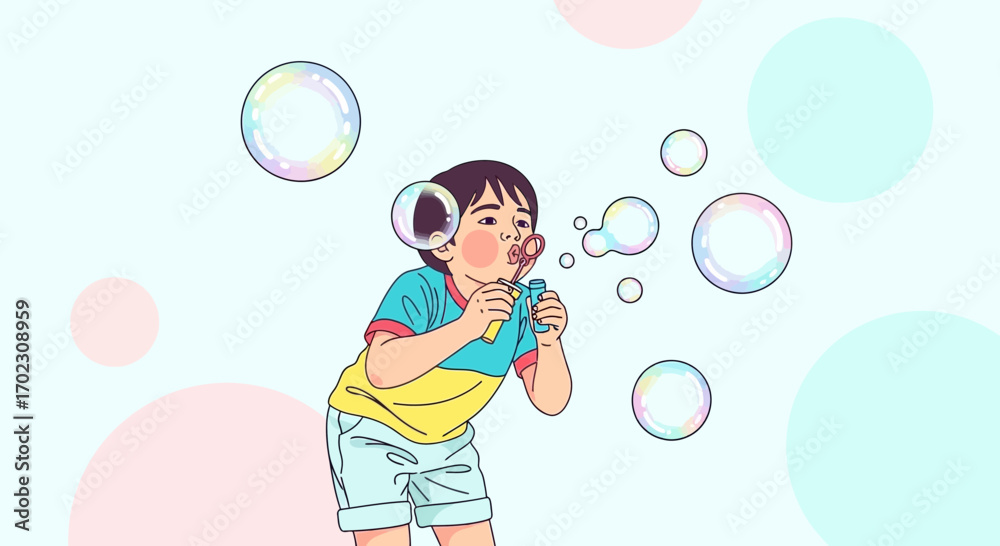 Fototapeta premium Joyful Child Blowing Soap Bubbles In Playful Vibrant Illustration