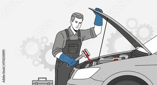 Mechanic Checking Car Engine: An Automotive Illustration Depicting Repair and Maintenance
