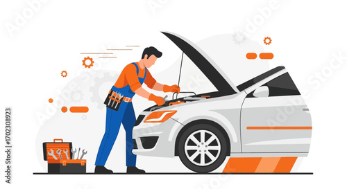 Mechanic Checking or Repairing a Car in a Garage or Car Workshop Automotive Service