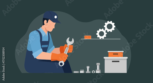 Mechanic Focused On Repairing Machine, Showing Skill And Precision In a Modern Illustration