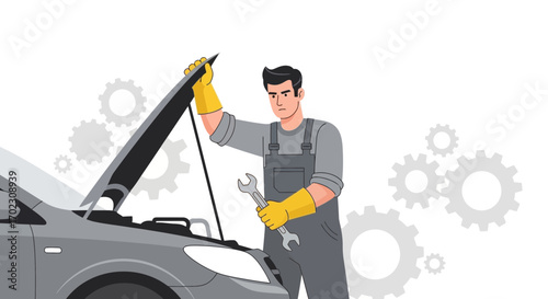 Mechanic Examining Car Engine: A Vector Illustration of Automotive Maintenance