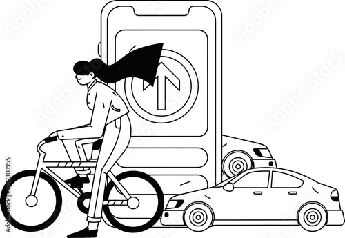 Stylish woman rides bike with a smartphone app featuring an upward arrow, cars parked nearby, perfect for transportation, technology, or urban lifestyle concepts, clean and modern design