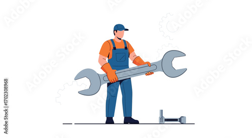 Mechanic Holding Large Wrench Ready To Perform Maintenance On Equipment Successfully