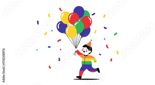 Joyful Child Celebrating With Balloons And Colorful Confetti In Vibrant Scene