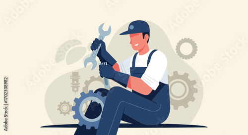 Mechanic holding wrench with gears illustration for maintenance and repair concepts