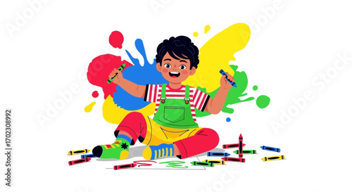 Joyful Child Creating Colorful Art with Crayons and Expressing Creative Play