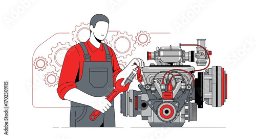 Mechanic repairing an engine vector illustration line art style isolated on white