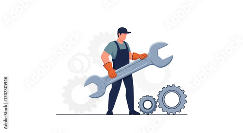 Mechanic Standing Proudly with a Large Wrench, Ready to Fix Mechanical Components