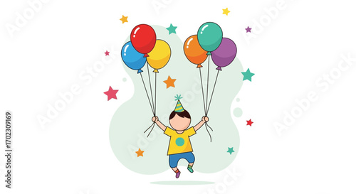 Joyful Child Holding Balloons and Celebrating a Birthday with Festive Decorations