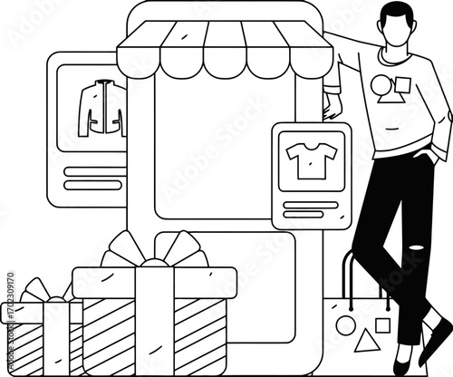 Modern online shopping experience with digital storefront and stylish shopper, enjoy seamless retail therapy with virtual gifts and apparel on your mobile device today