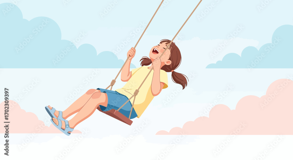 Fototapeta premium Joyful Child Swinging High Amidst Pastel Clouds, Capturing The Essence Of Childhood Fun