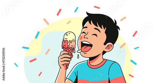 Joyful Child Relishes Ice Cream, Colorful Celebration, Summer Delight, Happy Moments