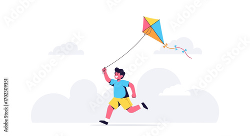 Joyful Child Running with Colorful Kite on a Cloudy Day to Embrace the Outdoors