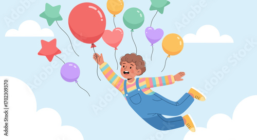 Joyful Child Soaring Through Skies with Colorful Balloons in Cartoon Illustration
