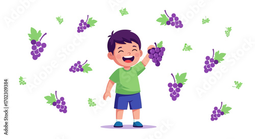 Joyful Child Showcasing Grapes Against a Whimsical Backdrop in Playful Illustration